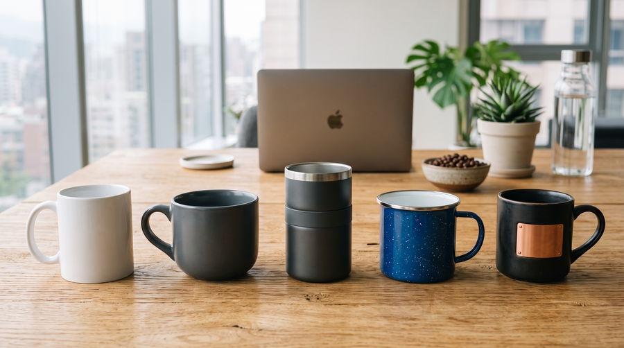 客製化馬克杯比較：陶瓷、不鏽鋼、琺瑯與銅片馬克杯並排於辦公桌