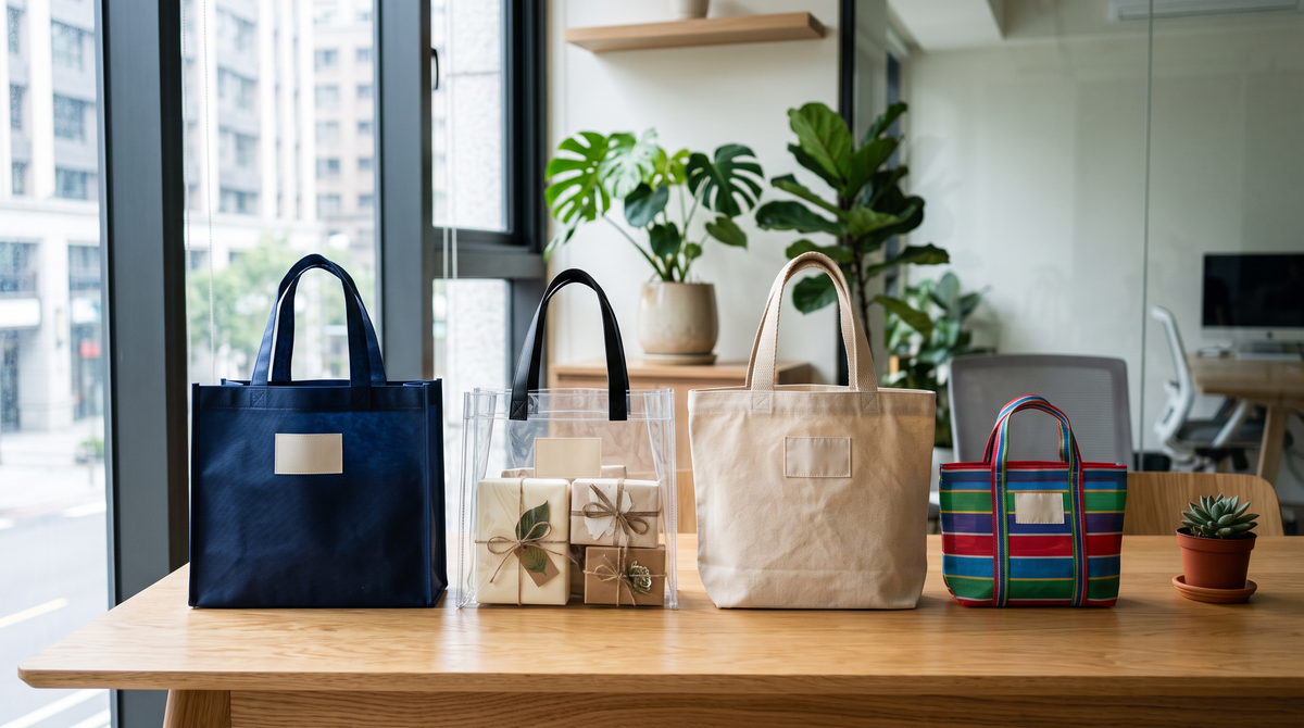 環保袋材質比較：不織布袋、PVC透明袋、帆布袋與茄芷袋風格小包並排