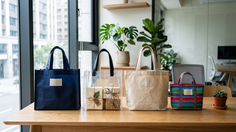環保袋材質比較：不織布袋、PVC透明袋、帆布袋與茄芷袋風格小包並排